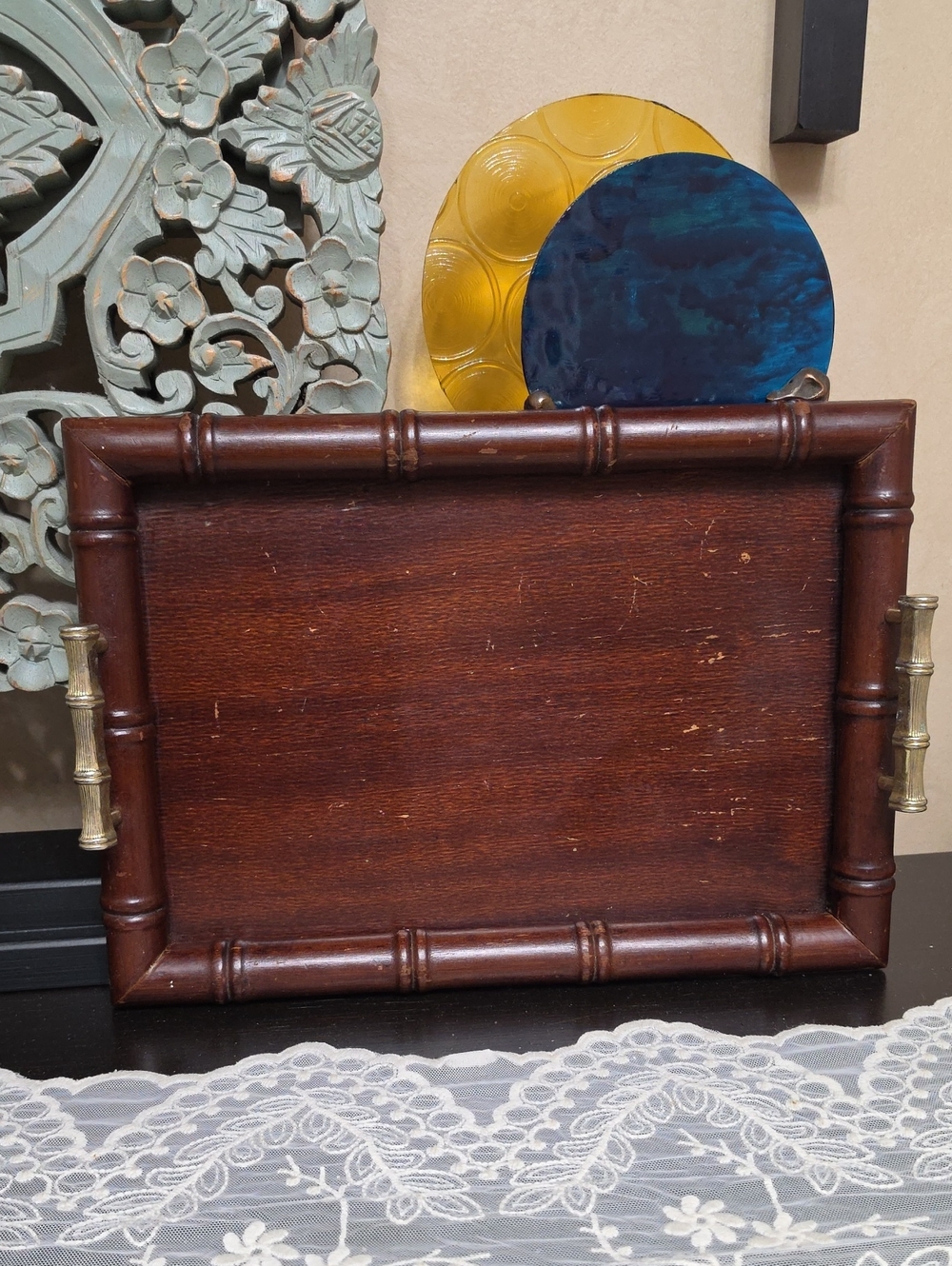 Wooden Bamboo-Style Serving Tray in Dark Brown